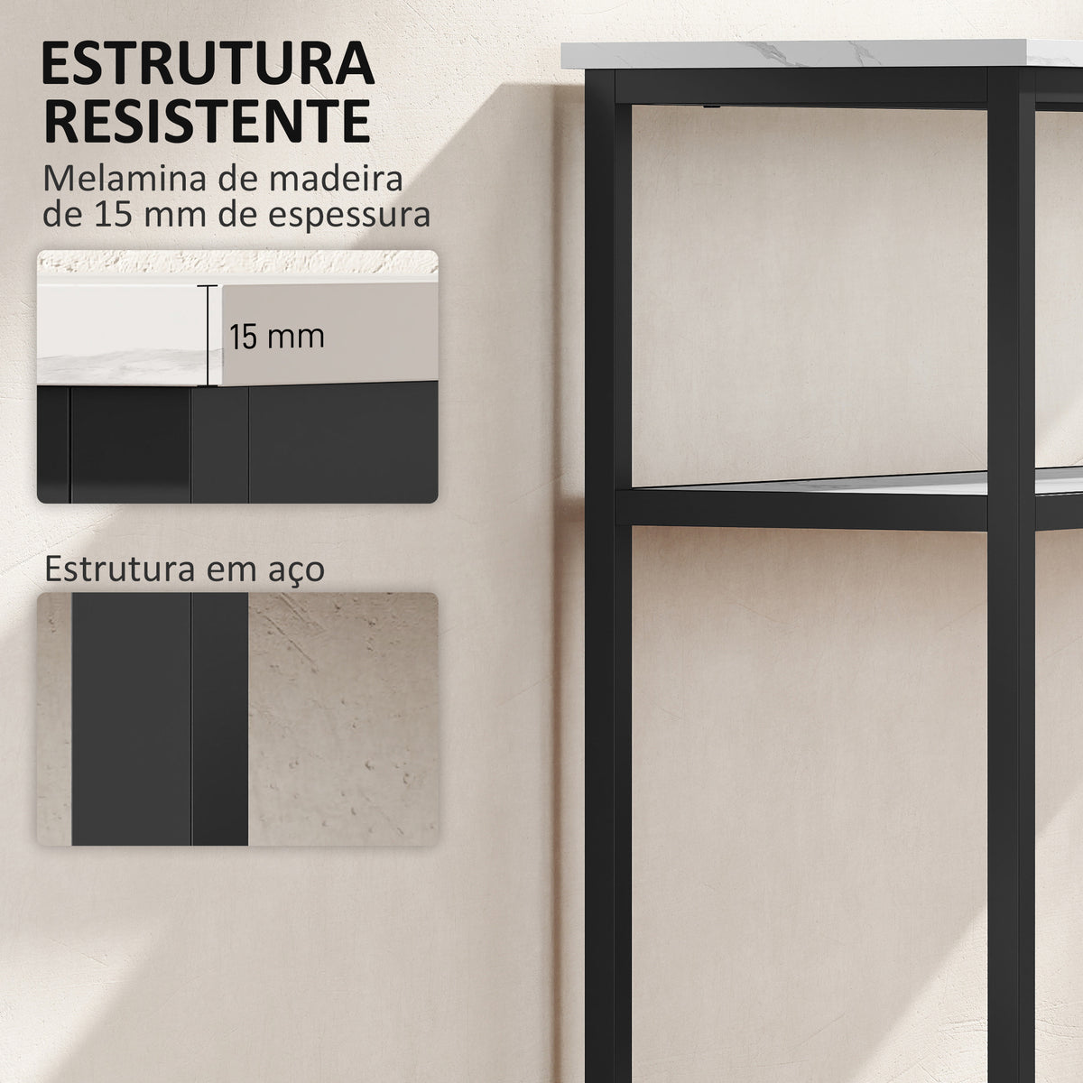 Mesa Consola Moderna Consola Estreita com Superfície com Efeito Mármore Prateleira Aberta e Estrutura de Metal Consola de Sofá para Entrada Sala de Estar 100x30x81 cm Branco — foto 5
