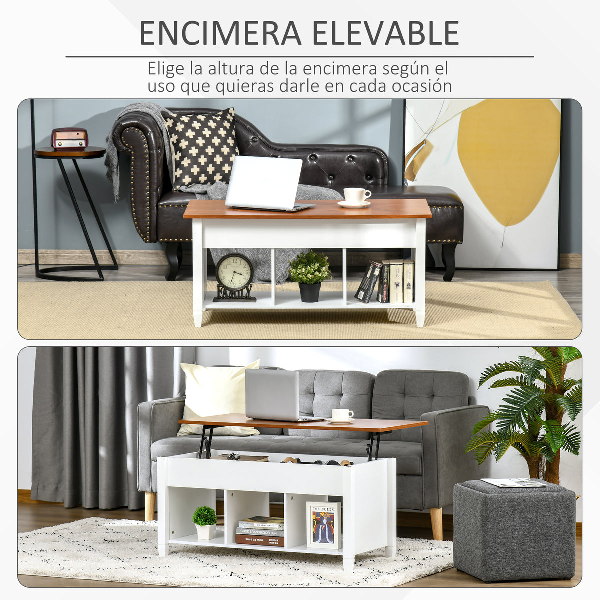 Mesa de Centro com Bancada Elevável Mesa de Centro com 3 Compartimentos Abertos Mesa Retangular Moderna para Sala de Estar 105x50x48cm Branco e Marrom — foto 4