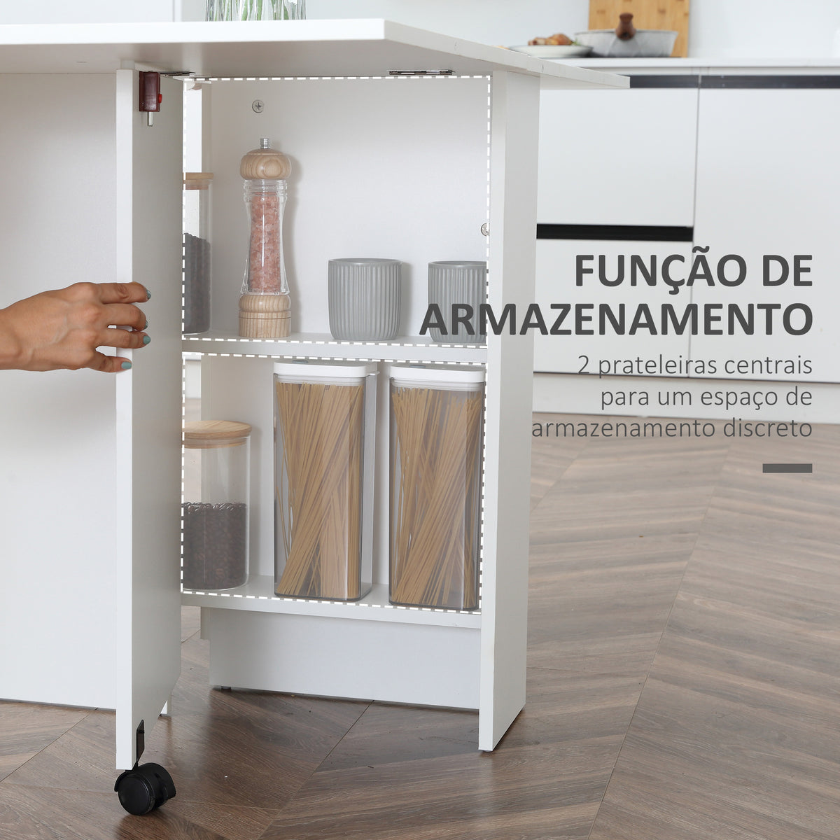 Mesa de Sala de Jantar Dobrável Mesa de Madeira com 2 Prateleiras de Armazenamento e Rodas para Cozinha 75x140x74 cm Branco — foto 5