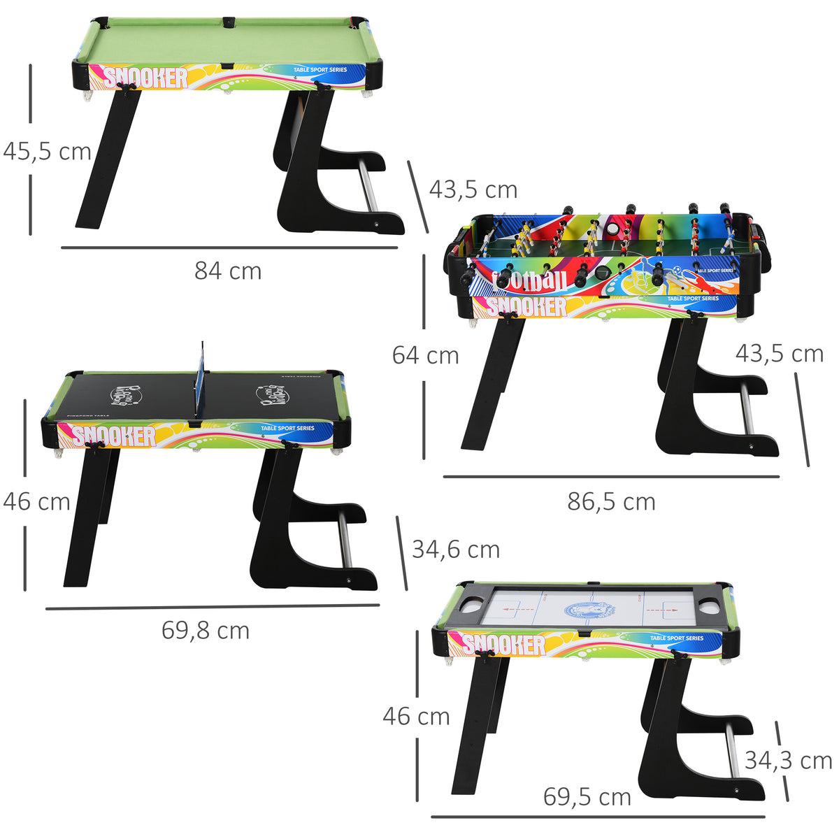 Mesa Multi-Jogos Dobrável Mesa de Jogos Desenho 4 em 1 Matraquilhos Hóquei de Mesa Bilhar Pingue-Pongue e Acessórios Incluídos 86,5x43,5x64 cm Multicor — foto 3