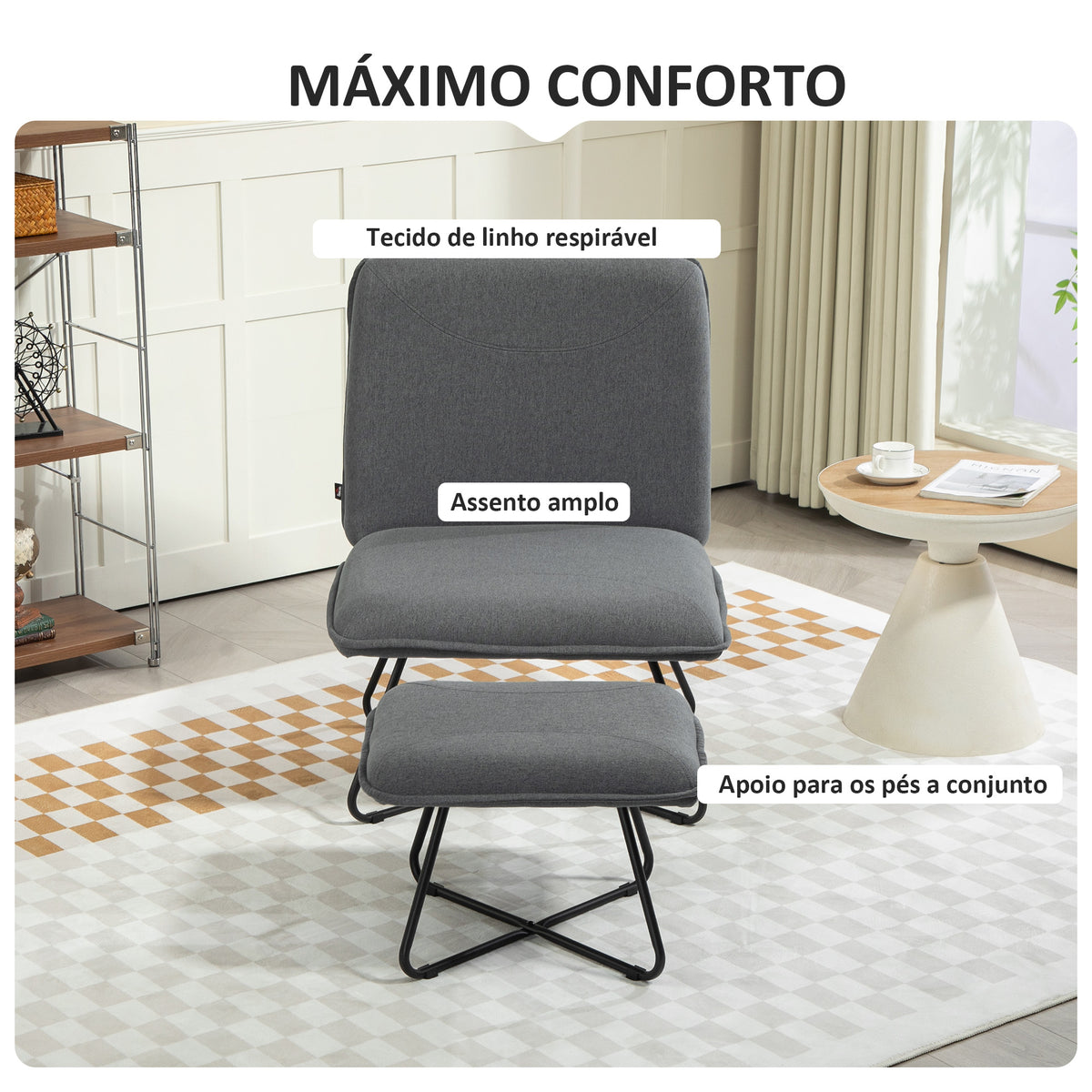 Poltrona Sala de Estar com Apoio para os Pés Poltrona Relax sem Apoio para os Braços com Pés de Aço em Forma de Cruz para Sala de Estar Dormitório Cinza Escuro — foto 4