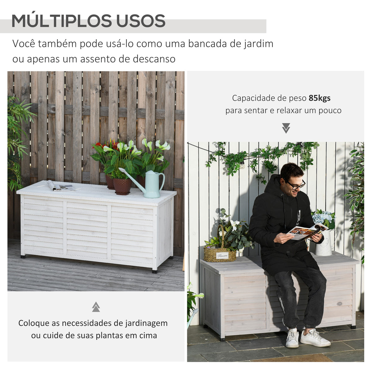 Baú de madeira ao ar livre Caixa de armazenamento de jardim com tampa que pode ser aberta 127x56x60 cm Branco — foto 4