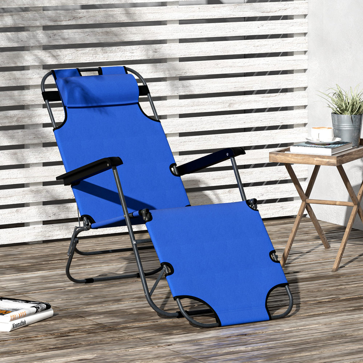 Espreguiçadeira Reclinável e Dobrável com Encosto Ajustável Apoio de Braço Almofada e Apoio para os Pés para Jardim Carga 136 kg 135x60x89 cm Azul — foto 2
