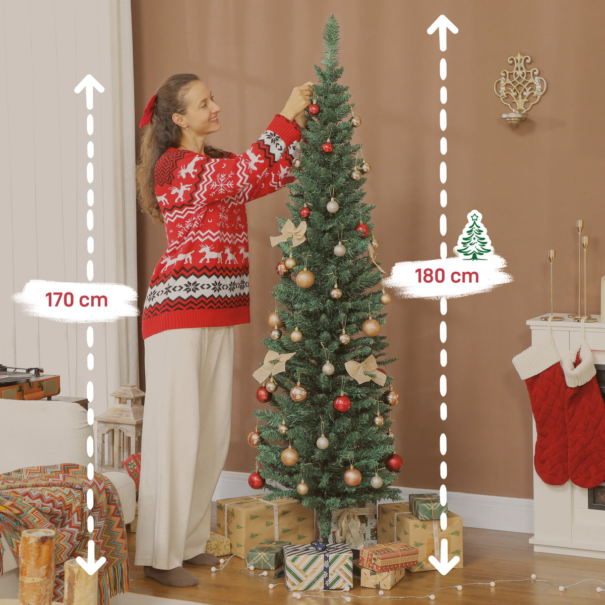 Árvore de Natal Slim 180 cm Árvore de Natal Artificial com 321 Ramos Suporte Metálico Fácil de Montar Decoração para Interior Casa Escritório Verde — foto 3