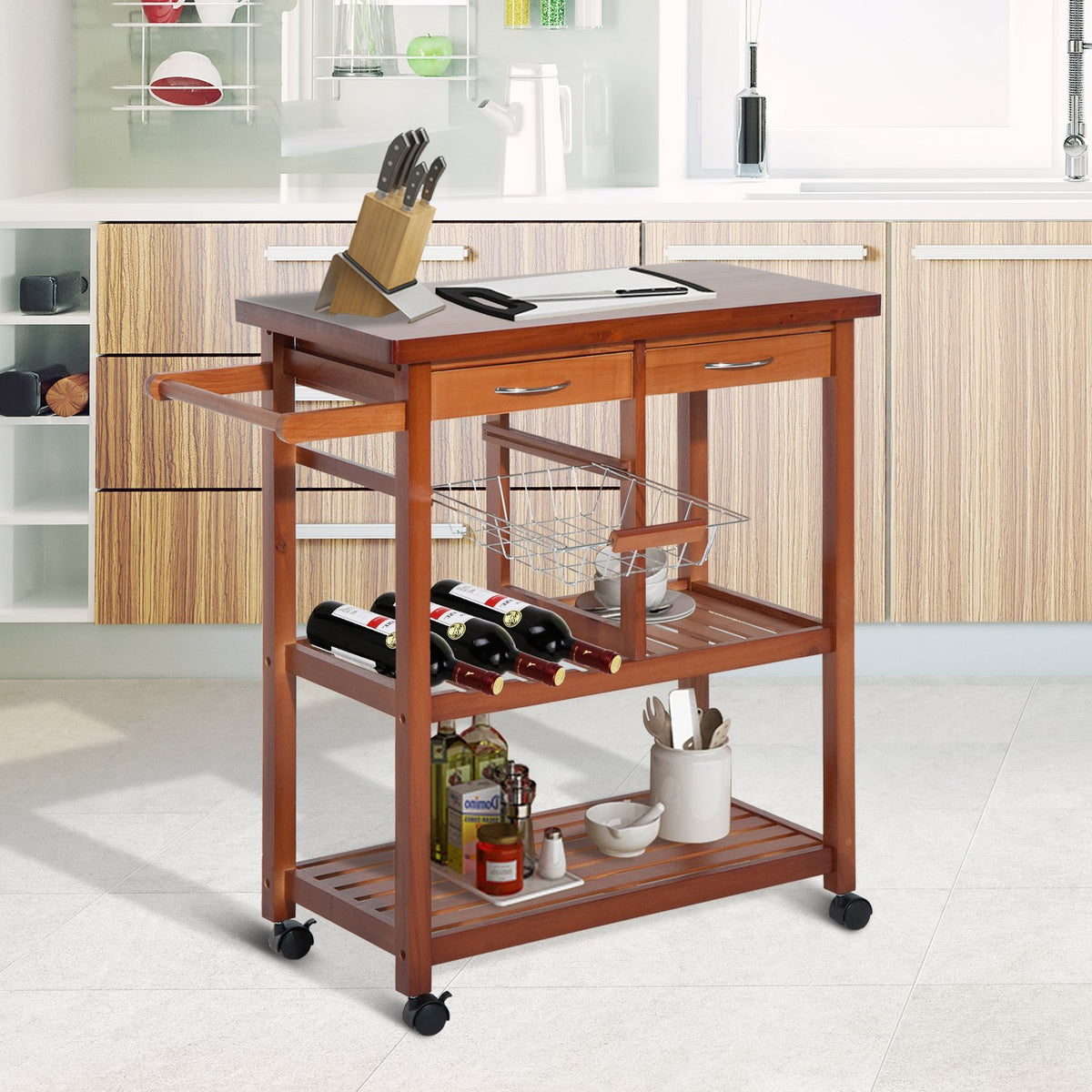 Carrinho de Cozinha Auxiliar Carrinho de Cozinha com Prateleiras Gaveta Suporte para Garrafas e 4 Rodas 85x37x85cm Nogueira — foto 2