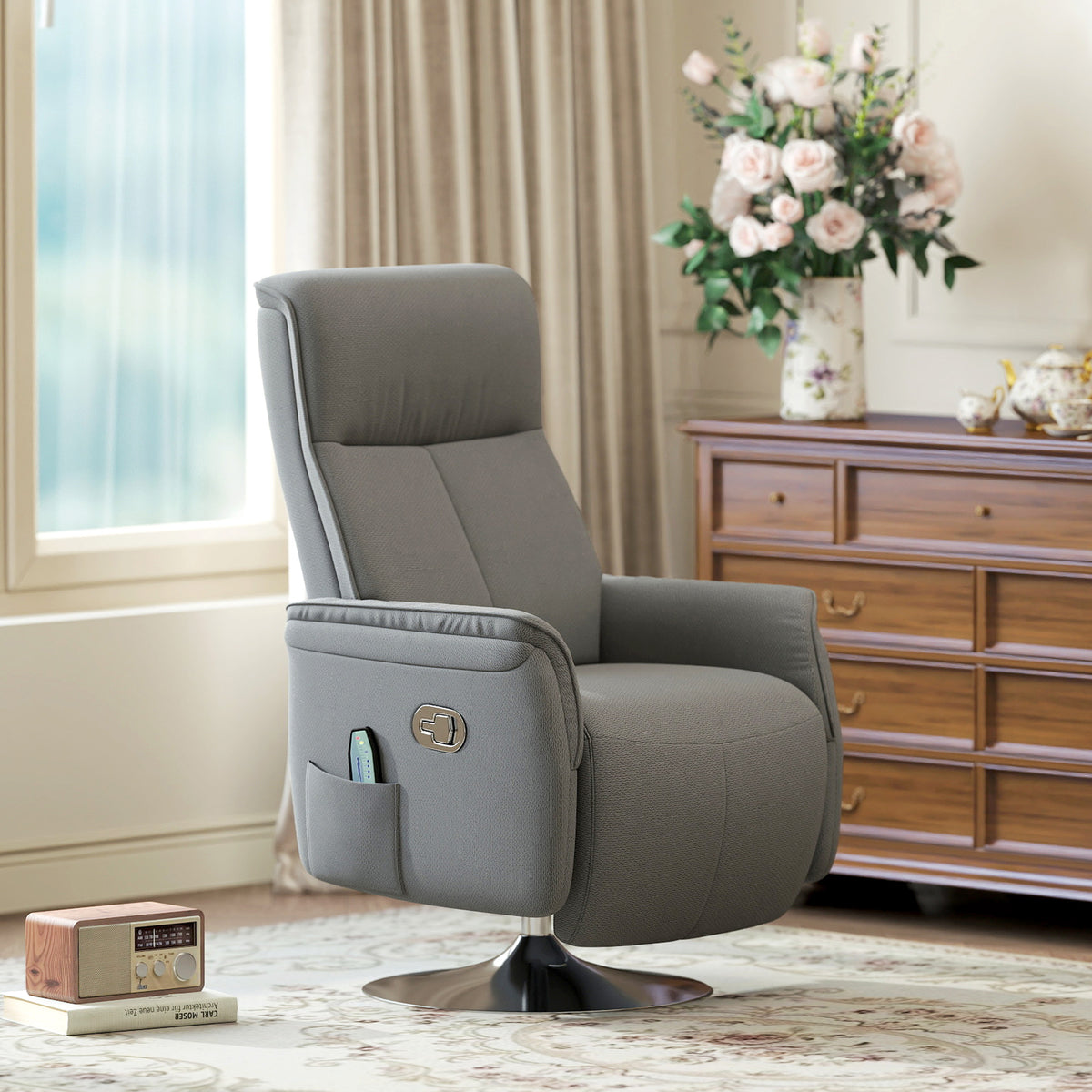 Poltrona de Massagem Elétrica com Apoio para os Pés Poltrona Relax Giratória Reclinável até 135° com Controlo Remoto 10 Pontos de Massagem e Bolso Lateral 68,5x84x110 cm Cinzento — foto 2