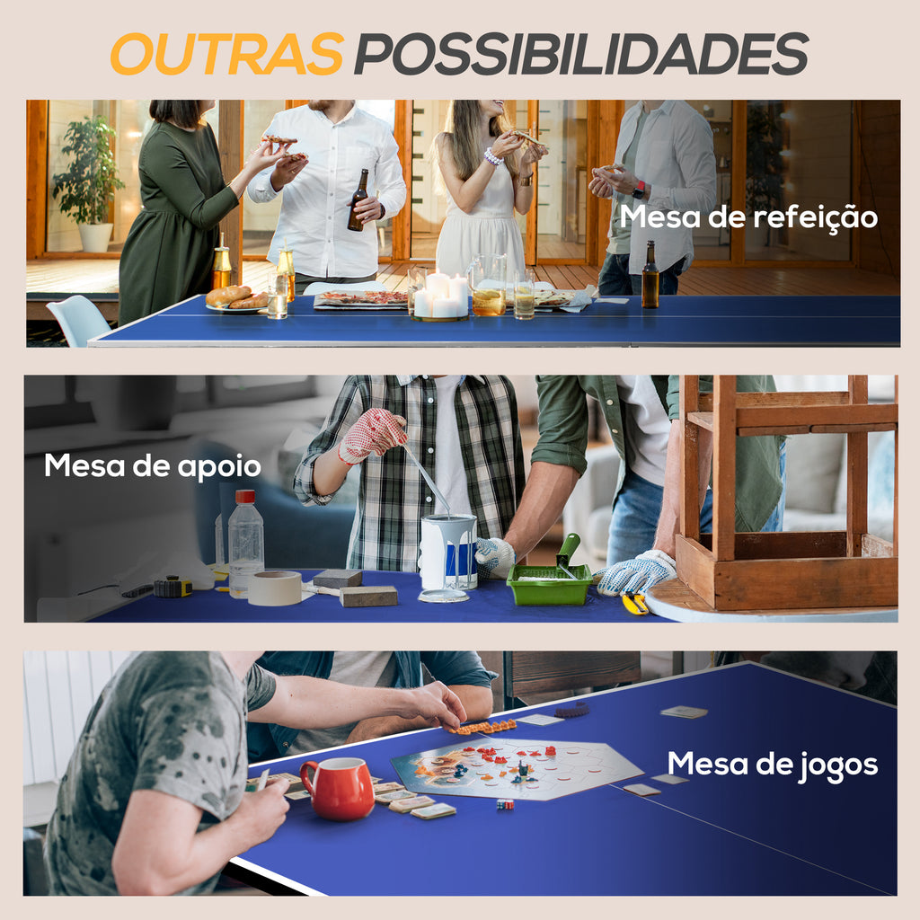 Mesa de Ping-Pong Dobrável Mesa de Ping-Pong Compacta com Rede Apoio para os Pés Ajustáveis e Estrutura de Aço para Interior e Exterior 274x152,5x76 cm Azul — foto 7
