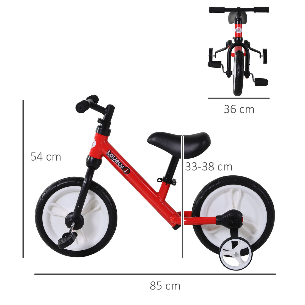 Bicicleta Balance com pedais e rodas removíveis Cor vermelha Assento ajustável 33-38cm Crianças +2 Anos Carga 25kg Vermelho — foto 3