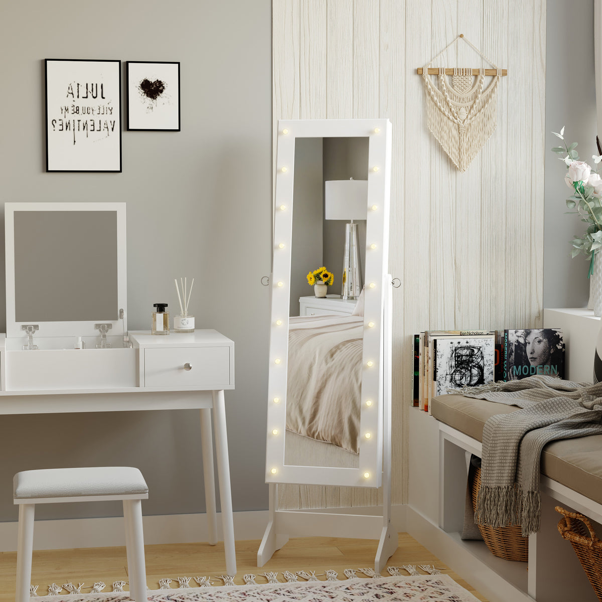 Armário para Joias 20 Luzes de LED Reclinável Fechadura Madeira 40x37x146cm Branco — foto 2