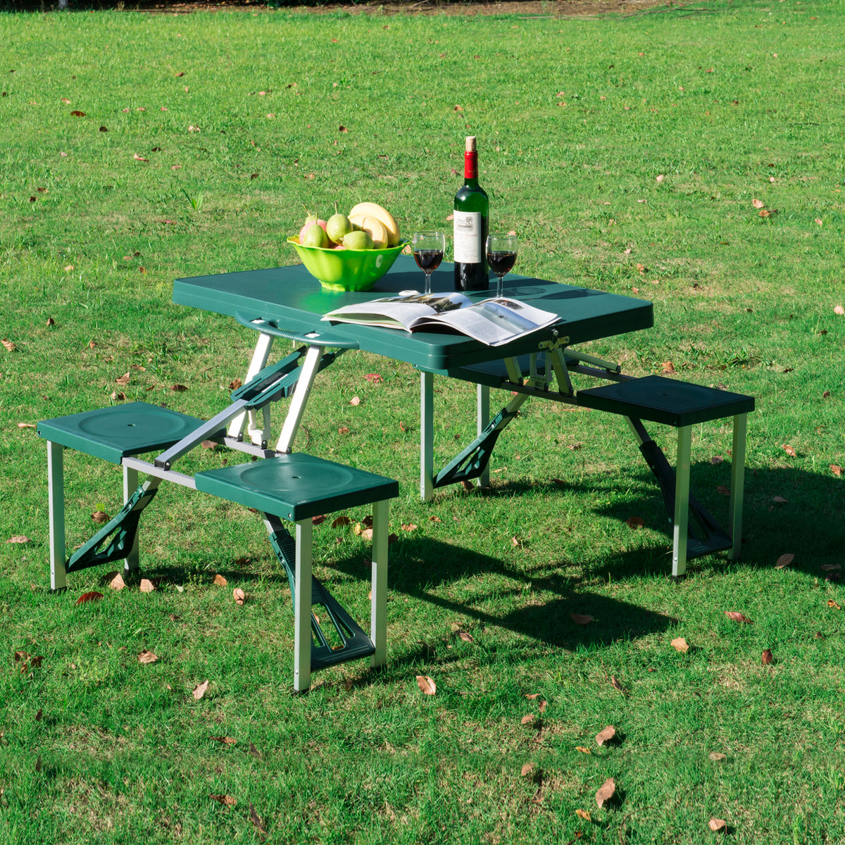 Mesa de Acampamento Dobrável com 4 Cadeiras Conjunto para Acampamento com Orifício para Guarda Sol Estrutura de Alumínio 84,5x64,5x66cm Verde — foto 2