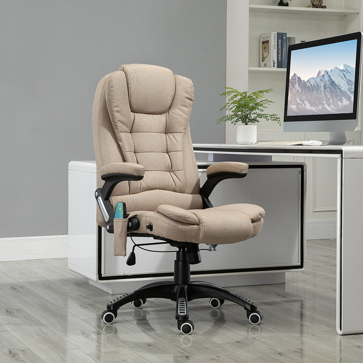 Cadeira de Massagem com 6 Pontos de Massagem Cadeira de Escritório Reclinável até 130° com Função de Aquecimento Altura Ajustável e Rodas para Estúdio 68x72x110-120 cm Marrom Claro — foto 2