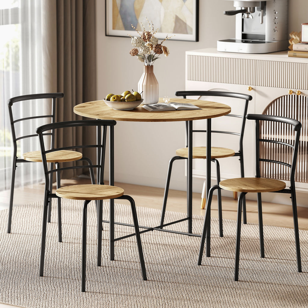 Conjunto de Mesa e Cadeiras de Jantar Compacto, Mesa Redonda com 4 Cadeiras, Estilo Industrial, Estrutura Metálica, Ideal para Espaços Pequenos, Sala de Jantar, Mesa Ø85x76 cm, Natural — foto 2