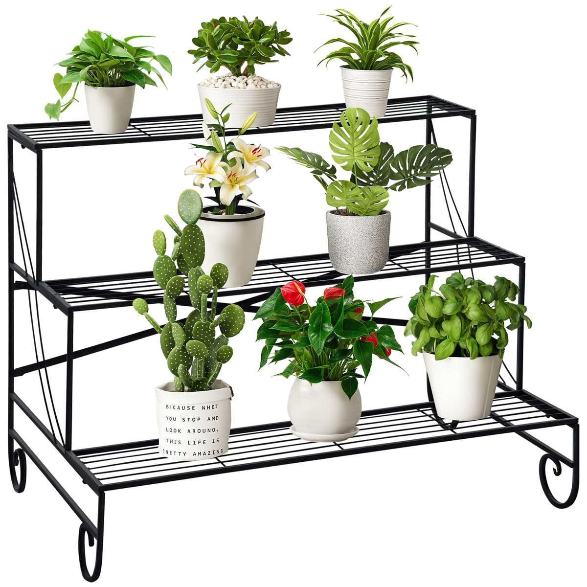 Suporte de Metal para Plantas de 3 Níveis em Forma de Escada Suporte de Flores Multifuncional para Decoração de Interiores e Exteriores 95x63x72cm Preto — foto 1