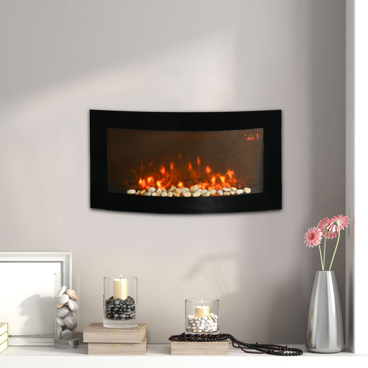 Lareira Elétrica de Parede com Efeito de Chama Realista Luzes LED de 7 Cores Controlo Remoto e Potência Ajustável 1000W/2000W 89,2x13,5x48cm Preto — foto 2