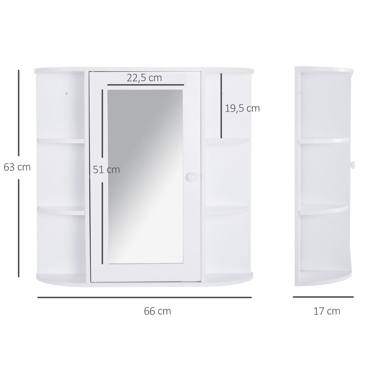 Armário de Casa de Banho com Espelho Móvel Suspenso de Casa de Banho com 1 Porta 2 Prateleiras Interiores e 6 Prateleiras Laterais para Sala de Estar Cozinha Dormitório 66x17x63cm Branco — foto 3