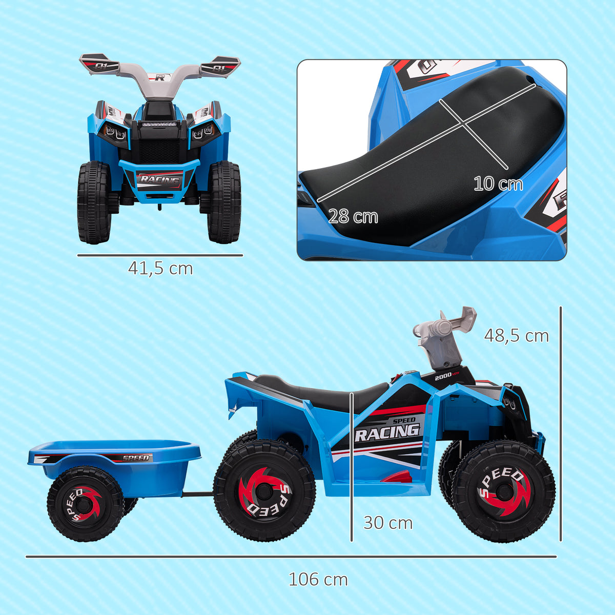 Quadriciclo Elétrico para Crianças com Reboque a Bateria 6V Carro Elétrico para Crianças de 18-36 Meses com Velocidade 2,5 km/h Carga Máxima 106x41,5x48,5 cm Azul — foto 3