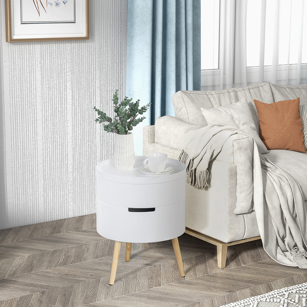 Mesa Auxiliar Moderna com 3 Níveis Mesa de Centro Desmontável com Tampa 2 Espaços de Arrumação e Pés de Madeira Mesa de Cabeceira para Dormitório Ø38x48,3 cm Branco e Madeira — foto 2