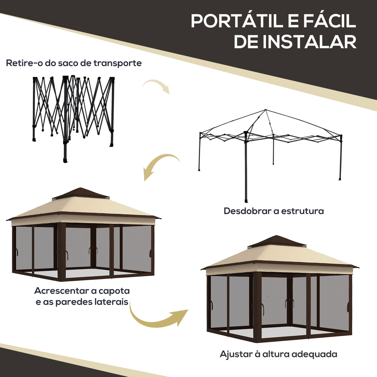 Tenda Dobrável 3,26x3,26x2,72 m Tenda de Jardim com Duplo Teto Altura Ajustável 4 Painéis de Malha Proteção UV30+ e Bolsa de Transporte para Festas Campismo Cinza - Modelo 1 — foto 4