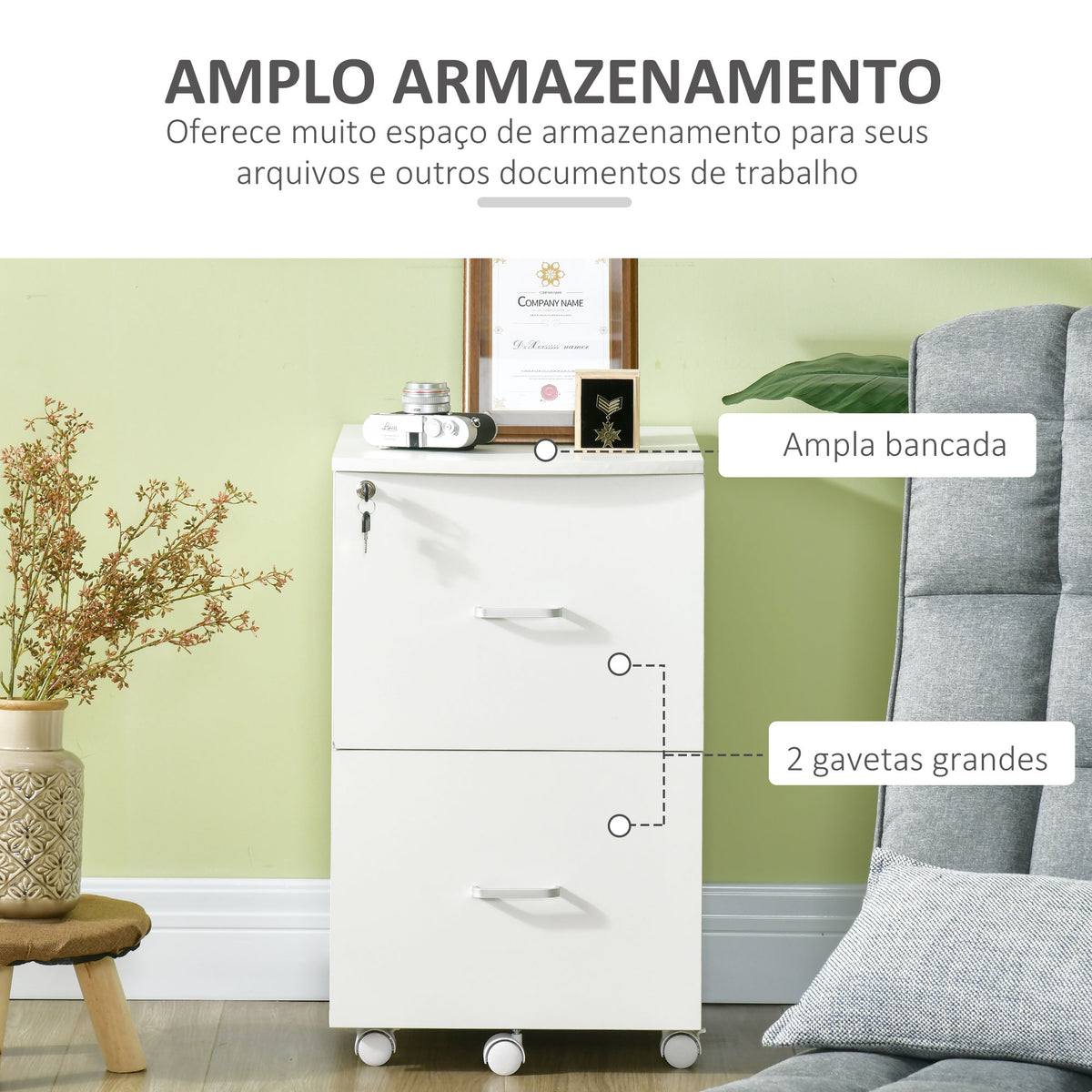 Bloco de Gavetas de Escritório Móvel Auxiliar para Arquivos com 2 Gavetas Fechadura 2 Chaves 5 Rodas e 2 Freios para Estúdio Escritório Dormitório 43x45x72cm Branco — foto 5