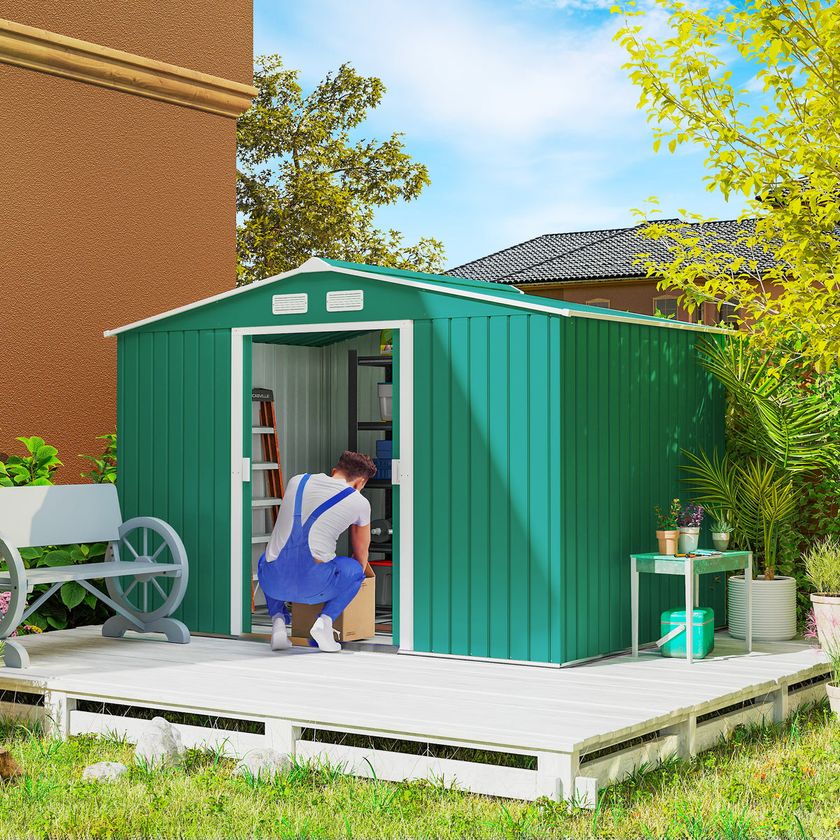 Abrigo de Jardim Exterior 4,83m² 277x195x192cm Abrigo de Jardim Metálico para Armazenamento de Ferramentas com Base de Reforço Incluída e 4 Janelas Verde Escuro — foto 2