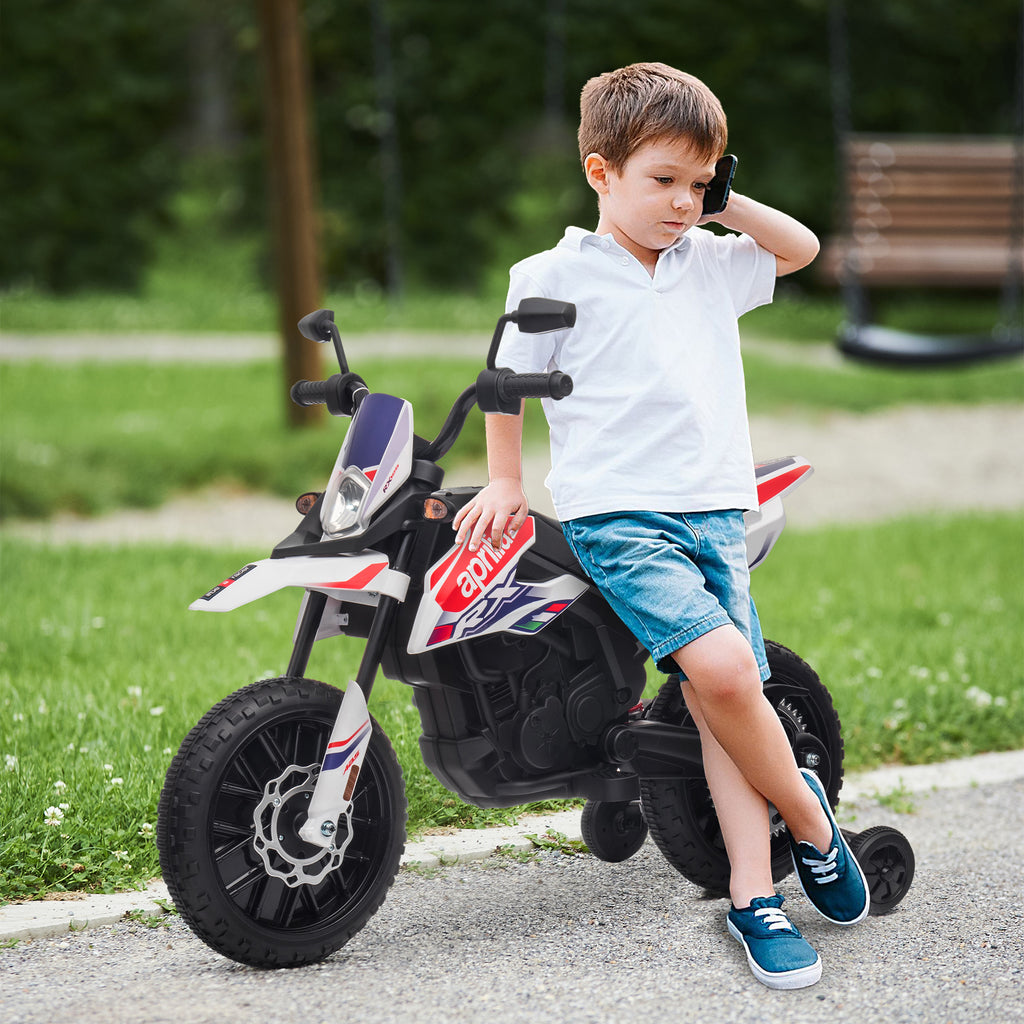 Mota Elétrica Infantil com Licença Oficial Aprilia 12V 25W Rodas de Apoio Removíveis Farol Música Porta USB e Amortecedor Traseiro Branco — foto 2