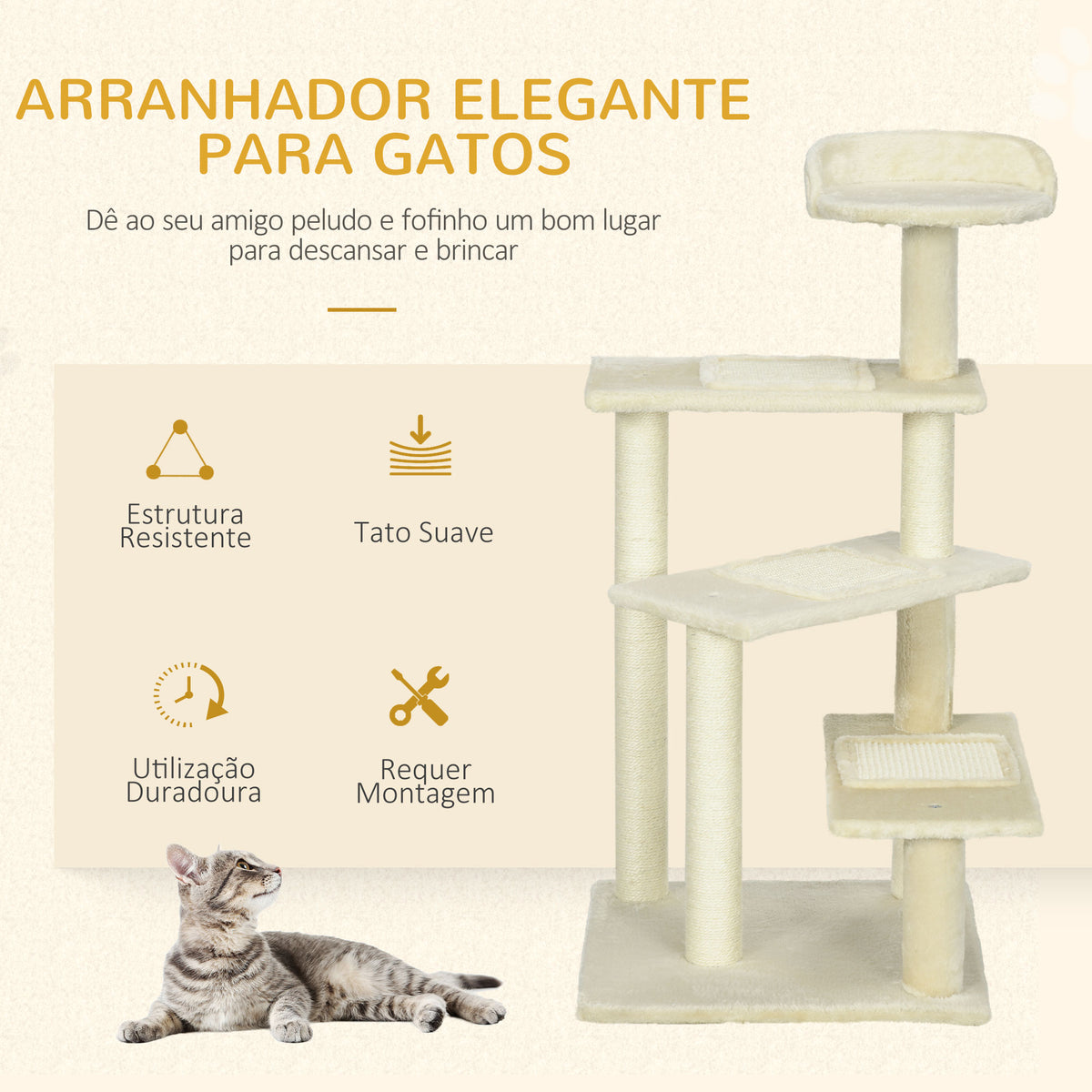 Árvore para gato Poste para arranhar com cama de plataforma e cobertor de sisal de veludo bege - 50x50x100cm — foto 4