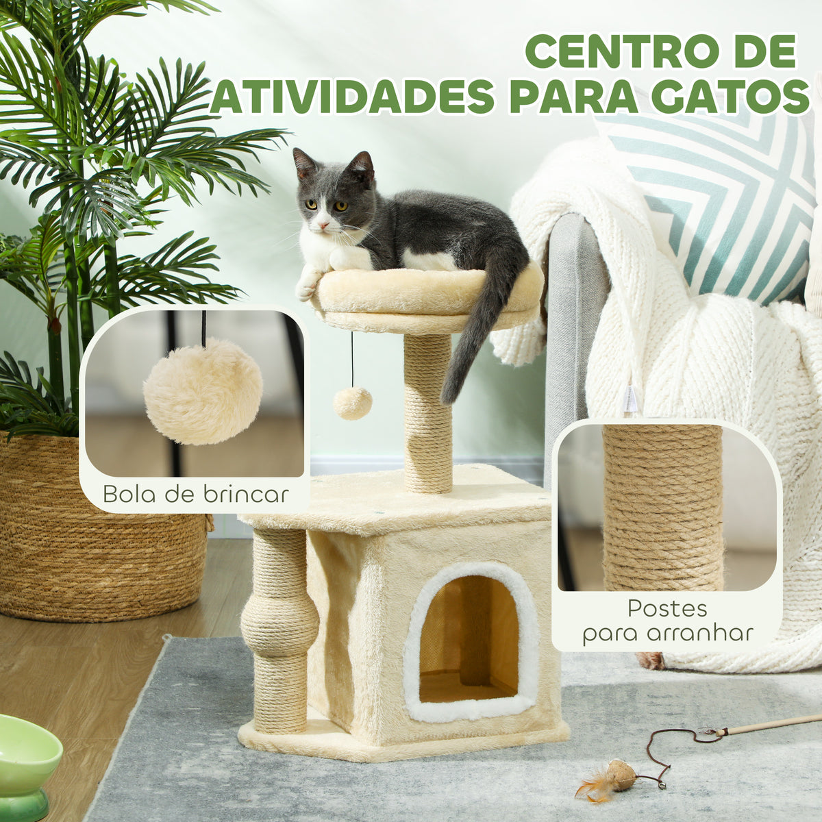Arranhador para Gatos Altura 66 cm Arranhador para Gatos com Cama Caverna Plataforma Bola Suspensa e Poste de Juta 42x30x66 cm Marrom — foto 4