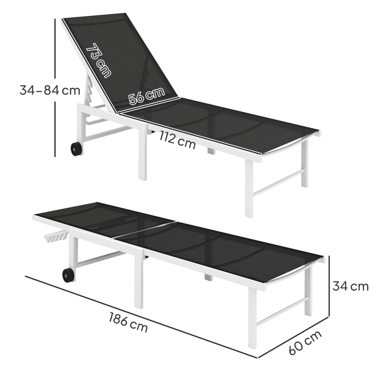 Espreguiçadeira Reclinável de Jardim com Rodas Espreguiçadeira de Exterior Encosto Ajustável em 5 Níveis e Estrutura de Aço Suporta até 120 kg para Pátio Varanda 166x60x84 cm Cinzento — foto 3