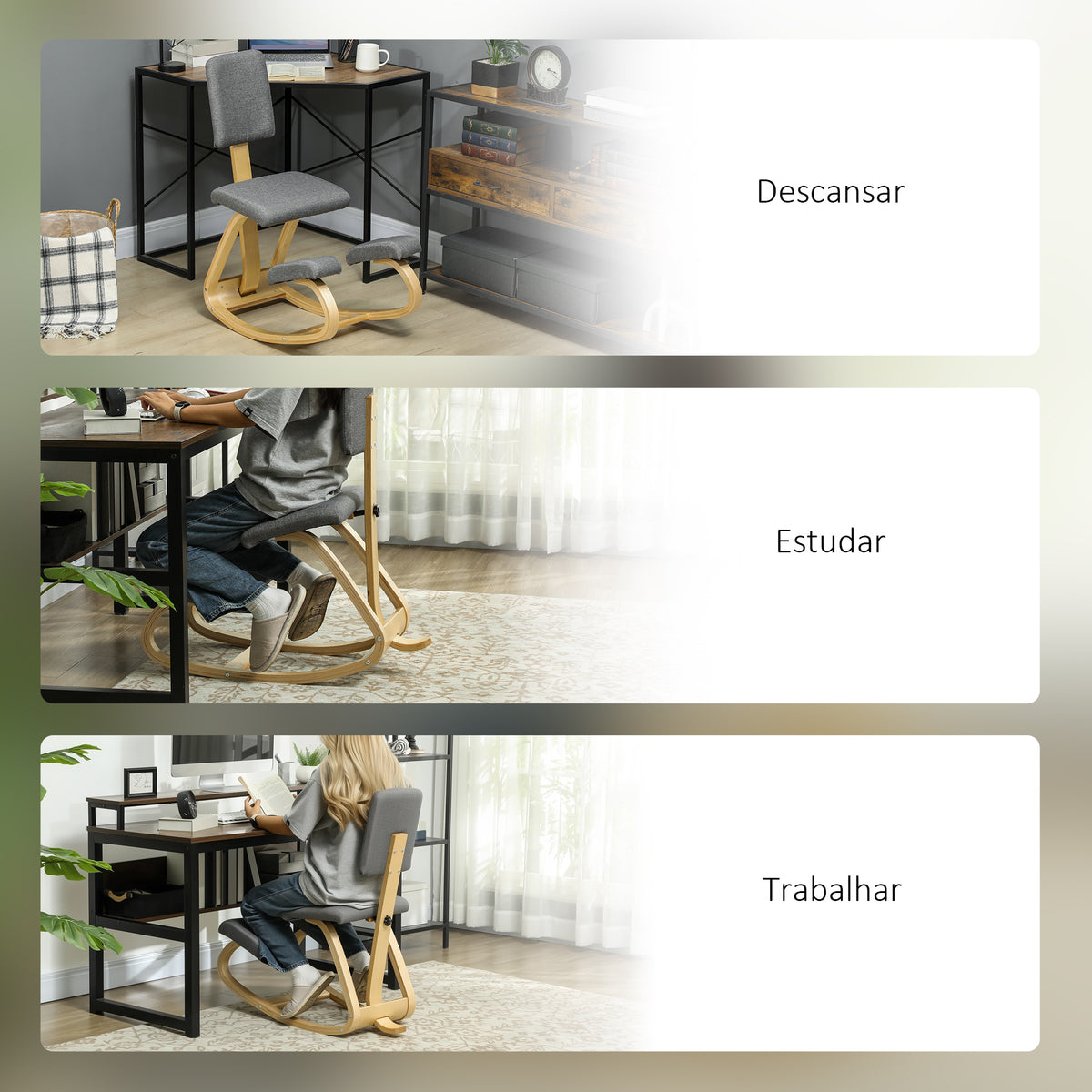 Cadeira Ergonómica de Joelhos com Encosto Almofadas Acolchoadas Estrutura de Madeira para Melhor Postura Escritório 51x84x93 cm Cinzento — foto 7