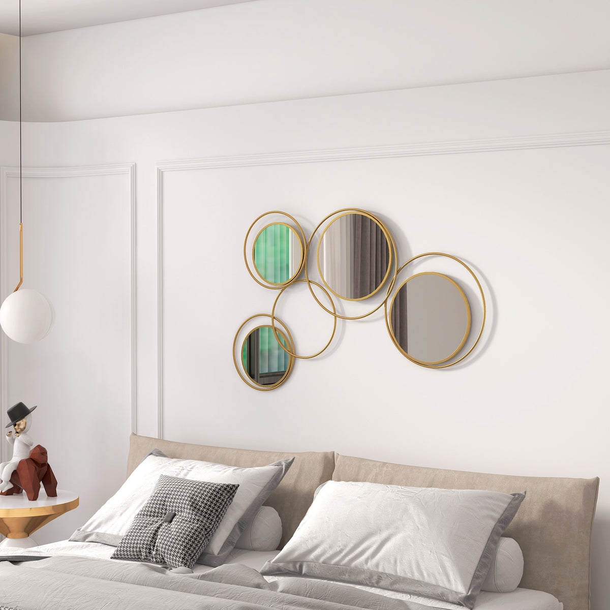 Espelho Decorativo de Parede em Metal 3D Decoração de Parede Metálica com 4 Espelhos Redondos para Sala Quarto Corredor 110x68 cm Dourado — foto 2