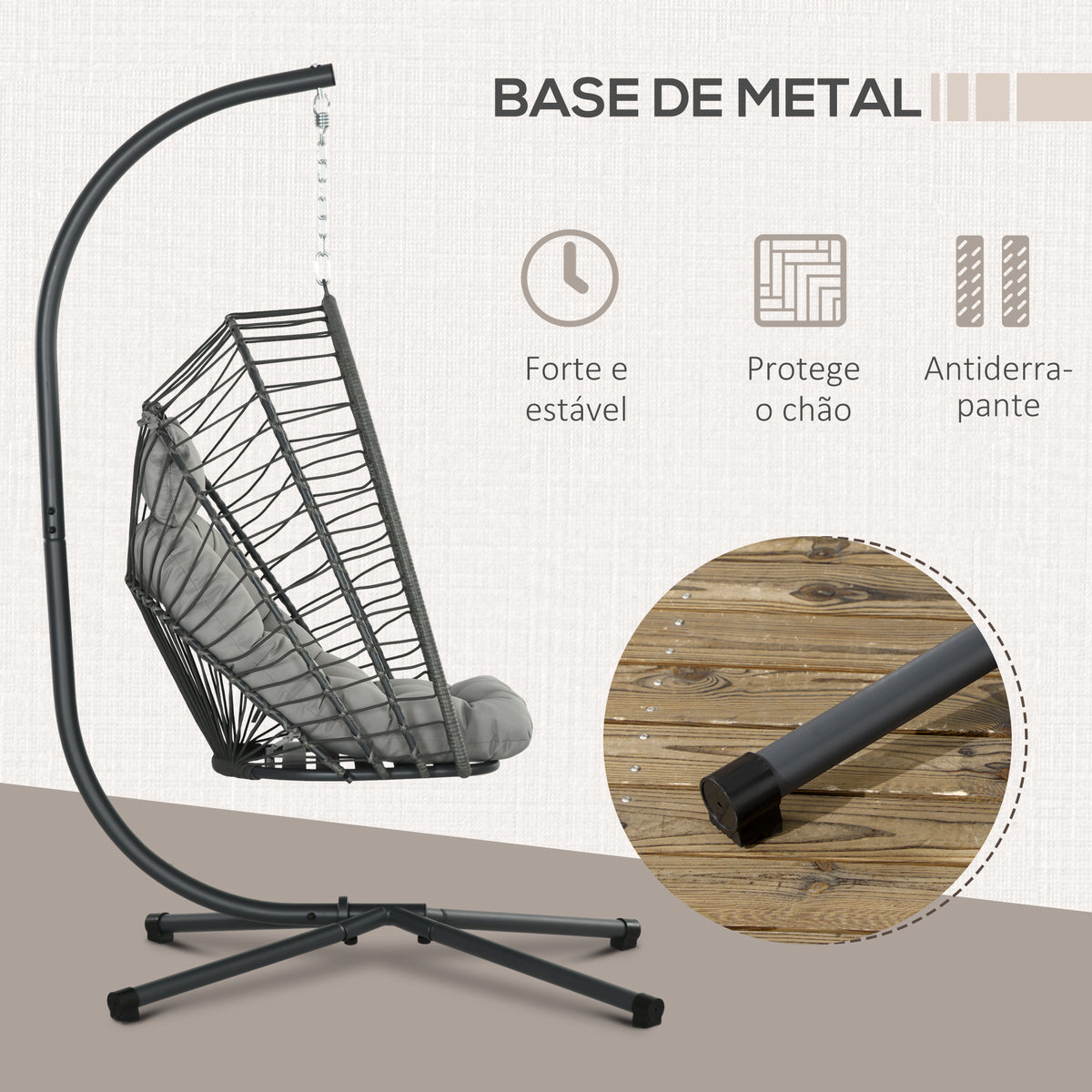 Cadeirão Suspenso de Vime Cadeira Suspensa Dobrável com 2 Almofadas e Estrutura de Aço Capacidade 100 kg para Uso Interior e Exterior 100x131x194 cm Cinza Escuro — foto 5