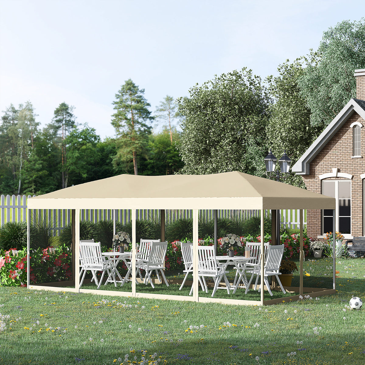 Tenda Dobrável para Jardim com 6 Cortinas Rede Mosquiteira e Bolsa de Transporte com Zíper Fácil Montagem 591x297x255 cm Aço Tecido Oxford Creme e Preto — foto 2