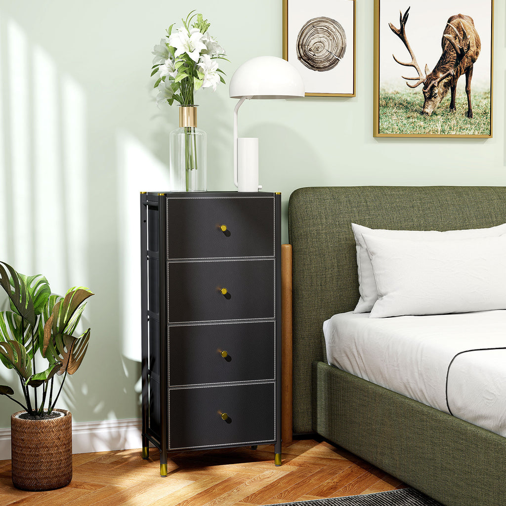 Cómoda para Dormitório Cómoda de Tecido com 4 Gavetas Dobráveis com Frentes de Couro PU e Estrutura de Aço Cómoda para Dormitório 46x30x98 cm Preto — foto 2