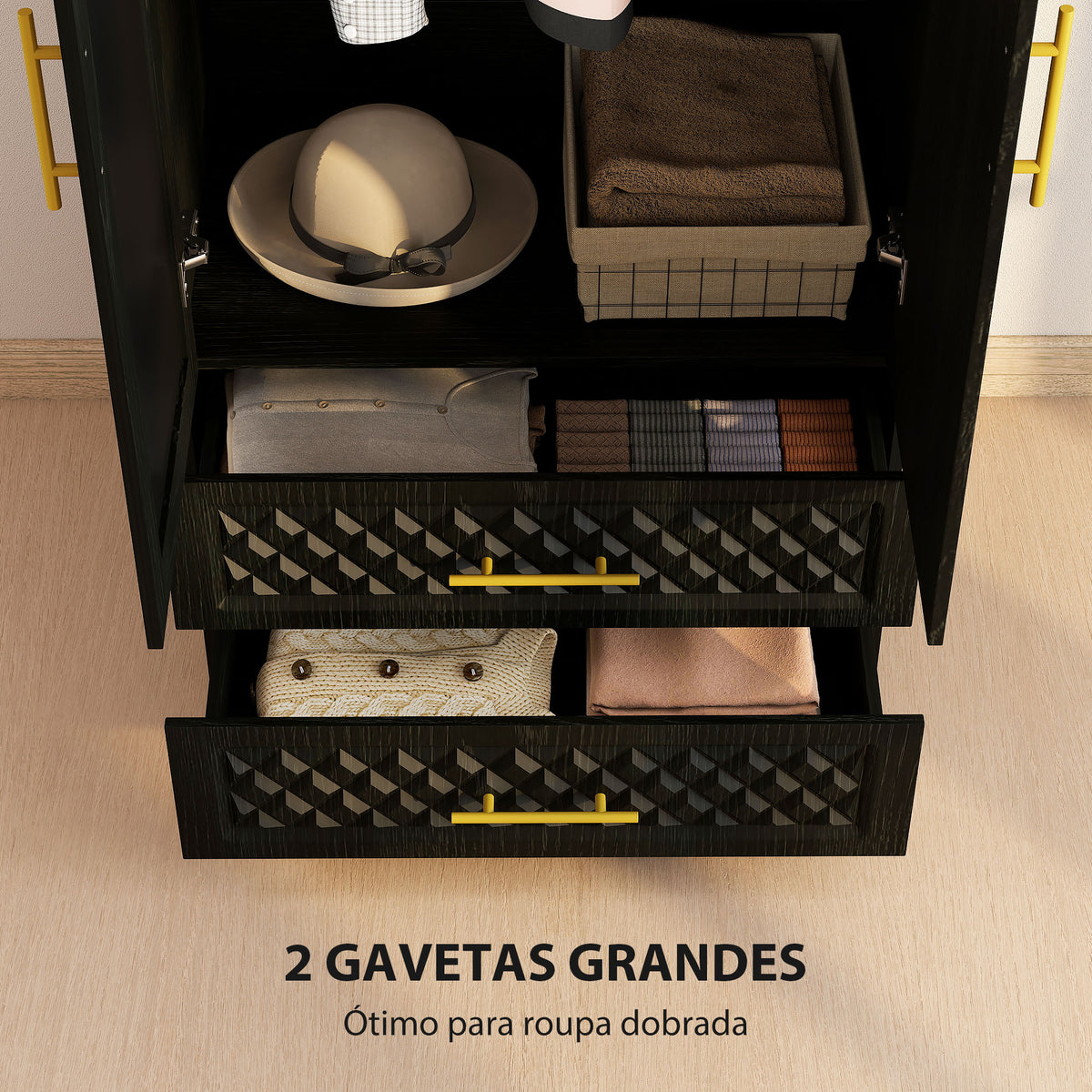 Roupeiro com Espelho 2 Portas e 2 Gavetas Roupeiro para Dormitório com Relevo de Diamante Barra para Pendurar Estilo Moderno 80x50x180 cm Preto — foto 5