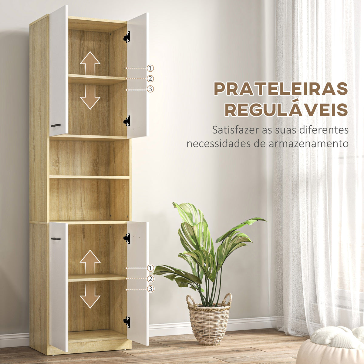 Coluna Casa de Banho Auxiliar Armário Alto Casa de Banho com 4 Portas 2 Prateleiras Abertas e Prateleiras Ajustáveis Estilo Moderno para Sala de Estar 53x33,5x195,7 cm Branco e Madeira — foto 5