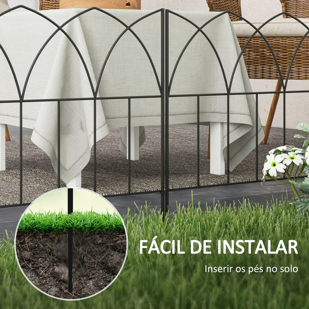 Cercas de Jardim 205x45,5 cm Conjunto de 5 Cercas Decorativas para Jardim de Metal Combinação Livre Barreira para Animais para Terraço Pátio Relva Preto — foto 4