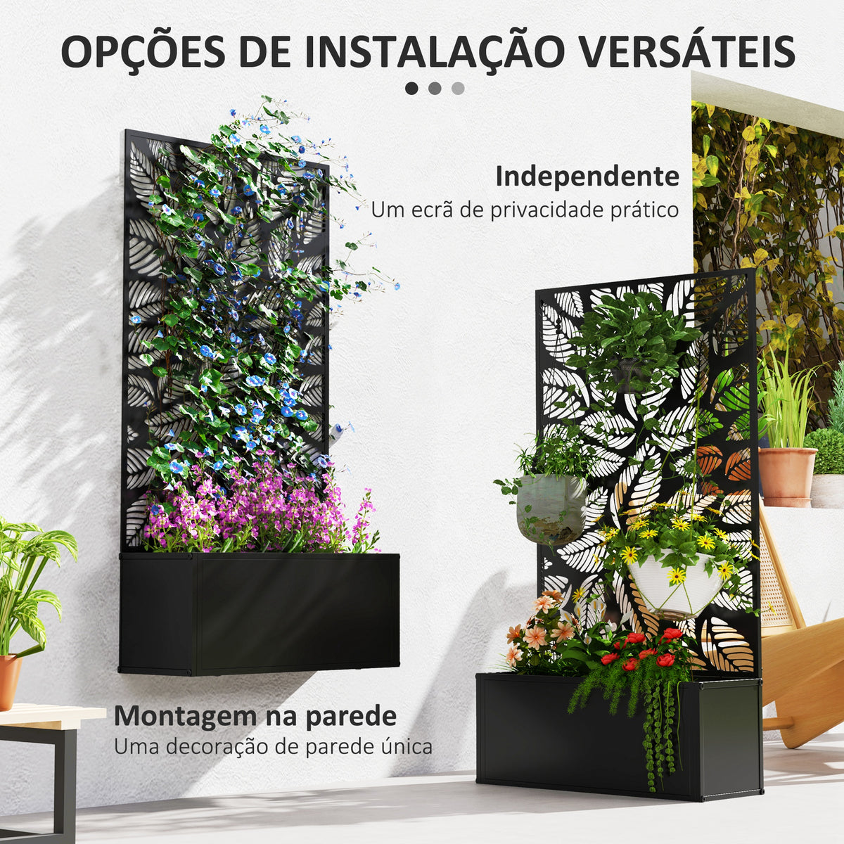 Floreira de Exterior Floreira de Metal com Ecrã de Privacidade com Folhas Decorativas Floreira de Parede ou Independente para Pátio Varanda 61x23x113 cm Preto — foto 5