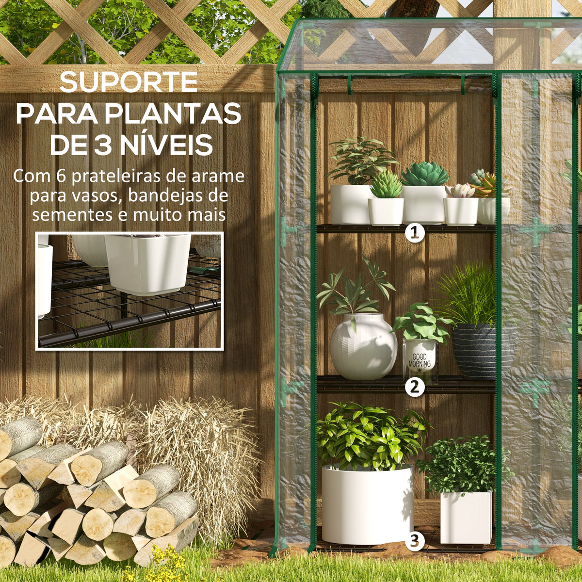 Estufa de Jardim de 3 Níveis Estufa de Terraço com Prateleiras Teto Inclinado e 2 Portas com Fecho de Correr para Cultivo de Plantas em Pátio 143x46x141/151 cm Transparente — foto 5