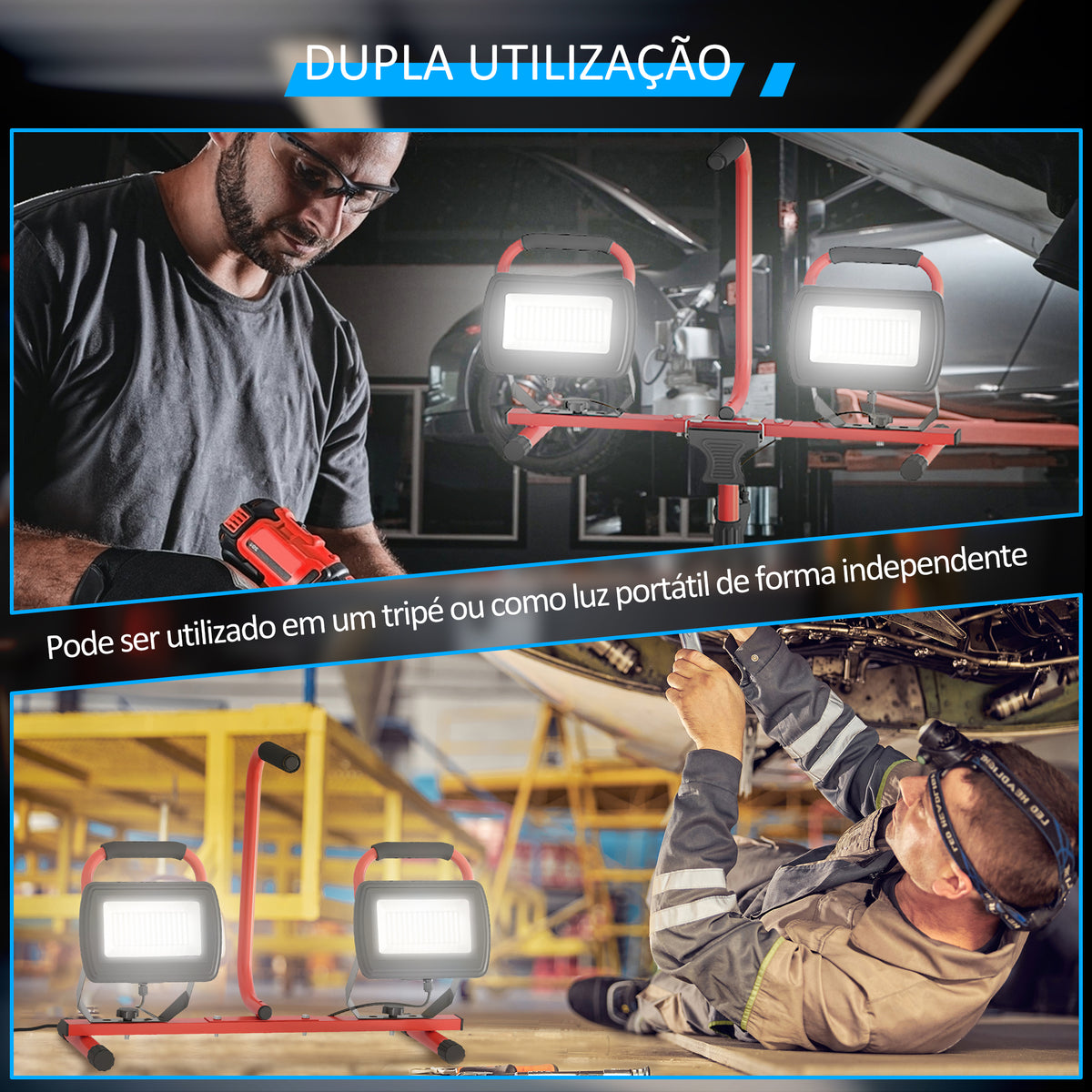 Projetor LED Duplo Recarregável de Alumínio com Tripé Dobrável 8500 Lúmenes IP65 6500K e Cabeças Ajustáveis para Trabalho Interior e Exterior Vermelho e Preto — foto 5