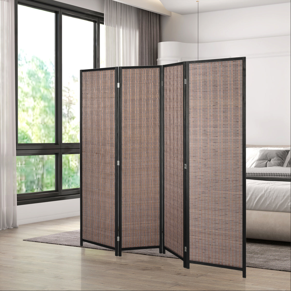 Biombo em Madeira Separador de Ambientes Divisória Dobrável 4 Painéis 180x180 cm Castanho — imagem 3