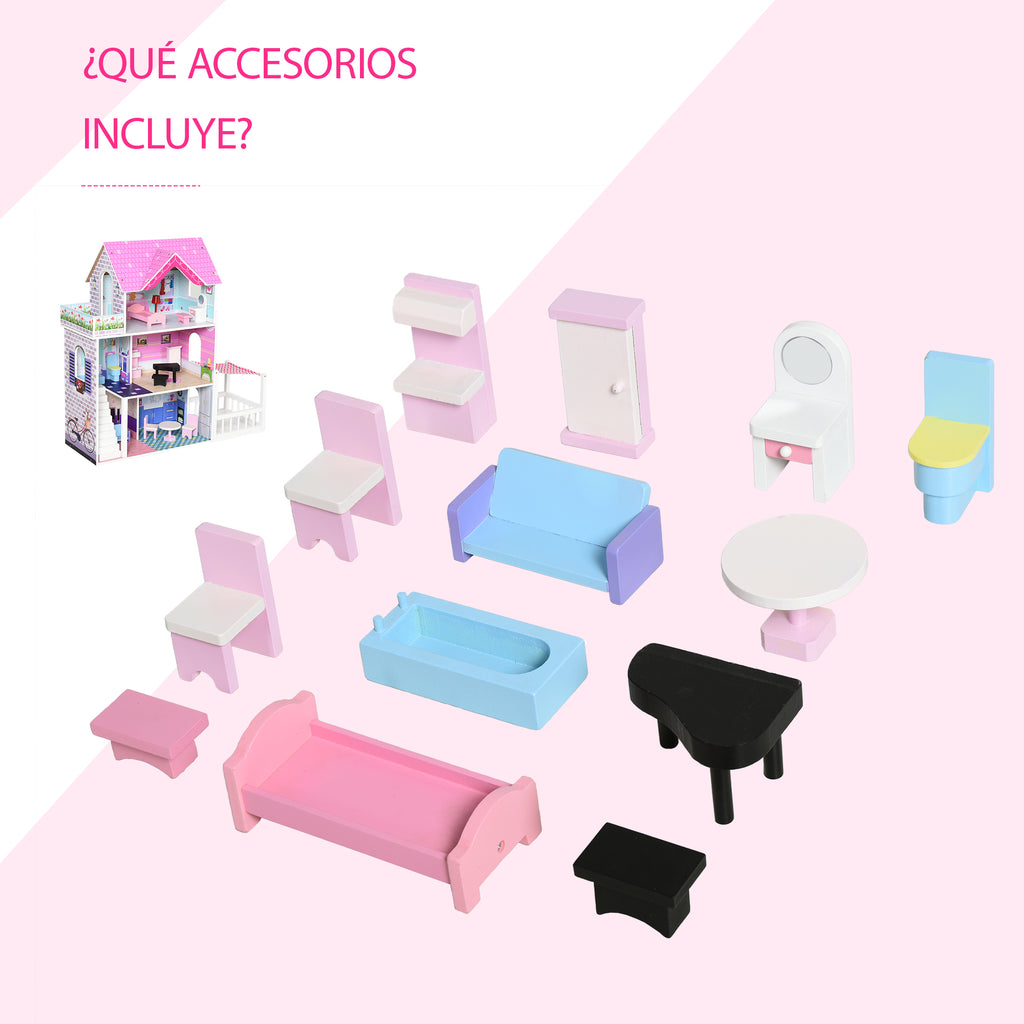 Casa de Bonecas de 3 Andares com Pátio Móveis Acessórios Bonita Casa de Bonecas de Madeira 86x30x87 cm Rosa — foto 6