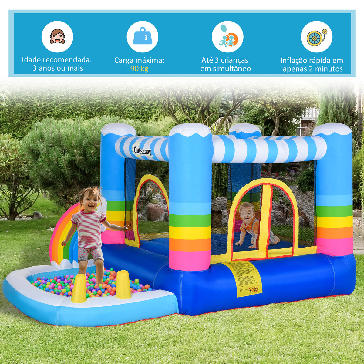Castelo Inflável com Trampolim e Piscina para Crianças acima de 3 Anos Inclui Inflador e Bolsa de Transporte para Interior Exterior 280x170x155cm Multicor — foto 5