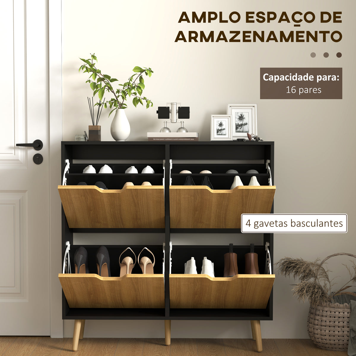 Sapateira com 4 Gavetas e Prateleiras Ajustáveis Móvel para Sapatos de Corredor para 16 Pares de Sapatos 95x26x95 cm Madeira e Preto — foto 4