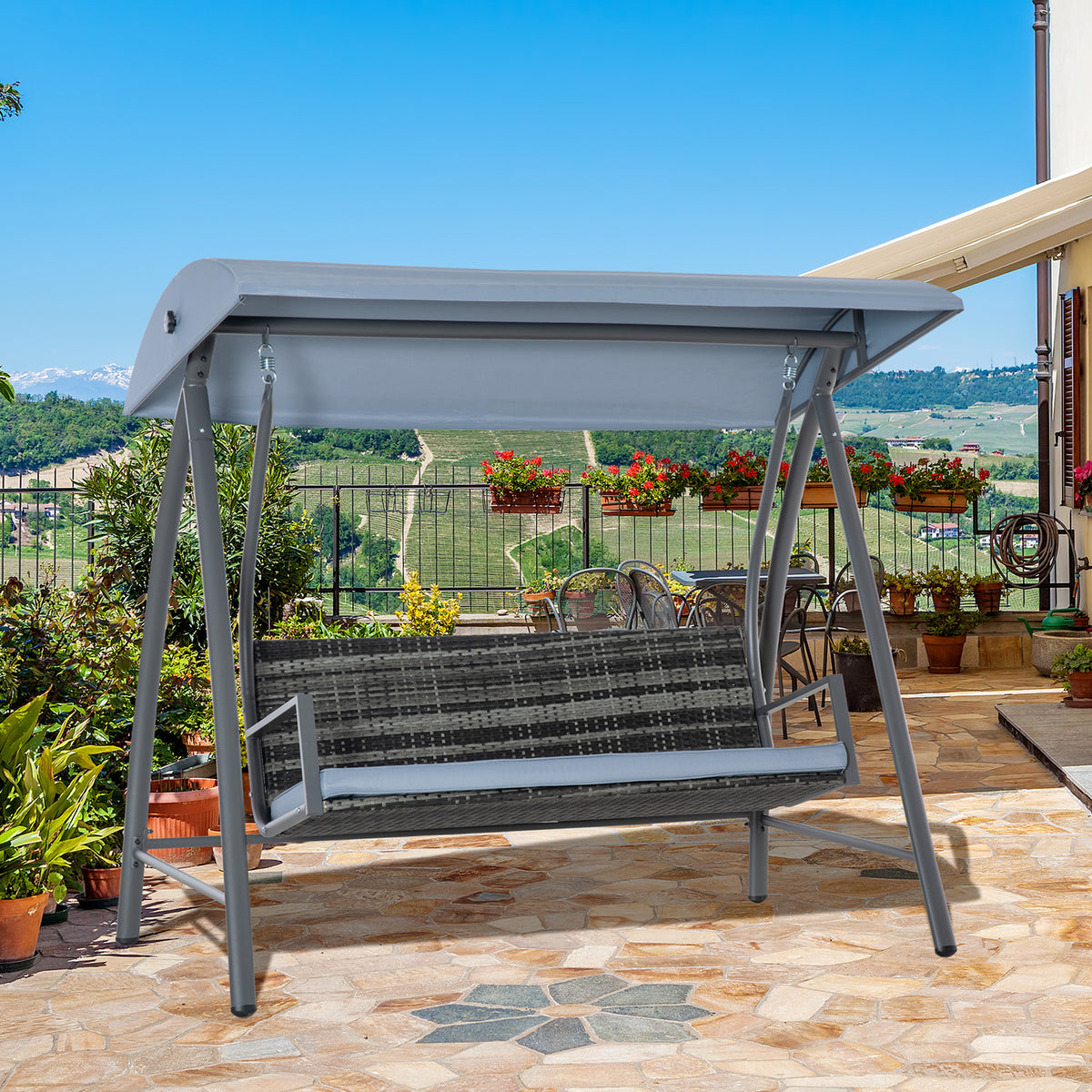 Baloiço de Jardim de Vime PE com 3 Lugares Estrutura de Metal Almofada Toldo Ajustável Balcão Terraço Patio Carga Máx. 360kg 198x124x179cm Cinza — foto 2