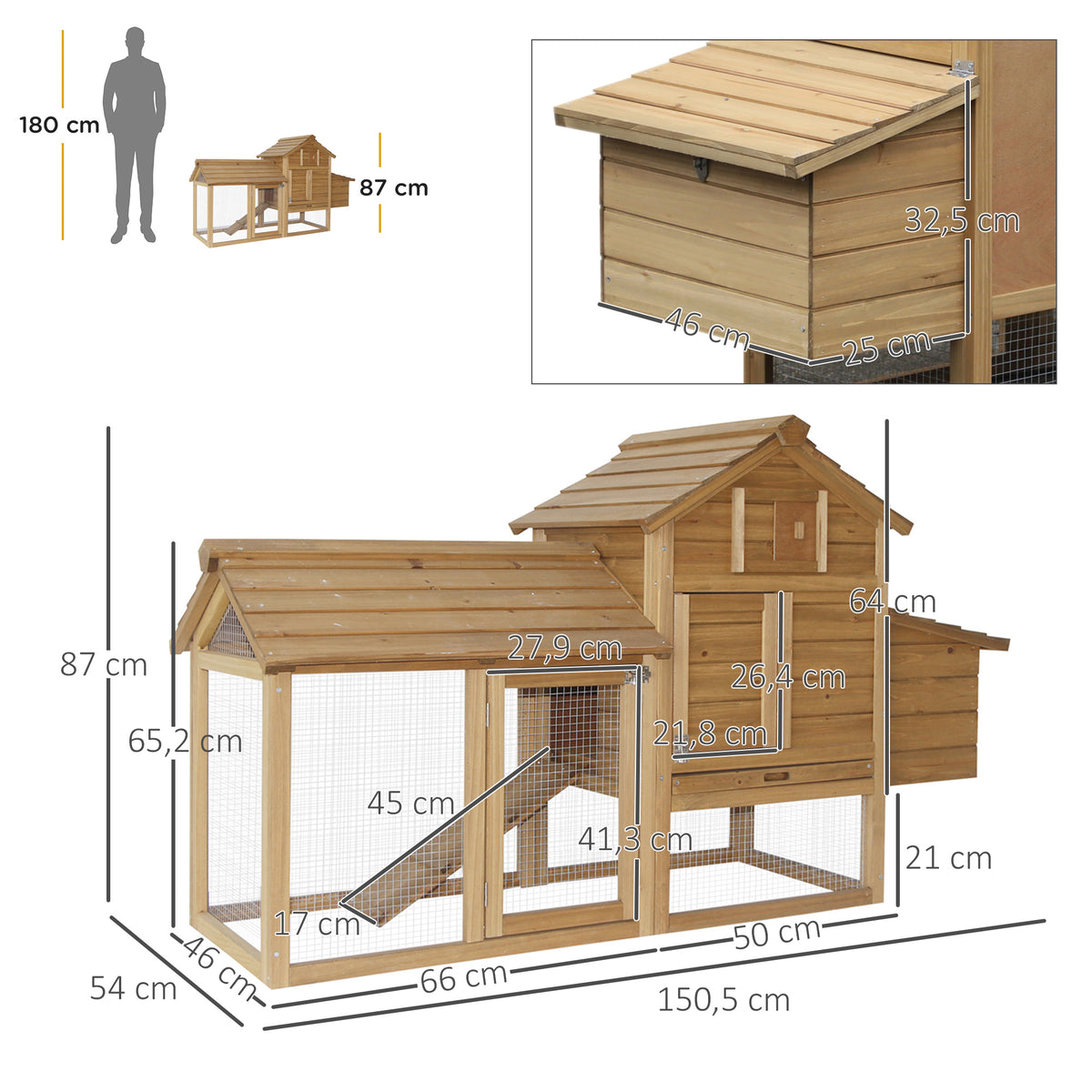 Galinheiro de Madeira para Exterior Gaiola para 2-3 Galinhas com Cercado de Arame Teto Abatível Caixa Ninho Bandeja Removível e Rampa 150,5x54x87cm Natural — foto 3