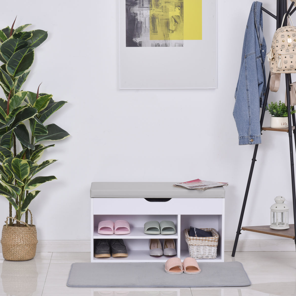 Sapateira com Assento Acolchoado para Entradas e Salões com 1 Gaveta e Prateleira de MDF 80x30x43cm Carga Máxima 120 kg Branco — foto 2