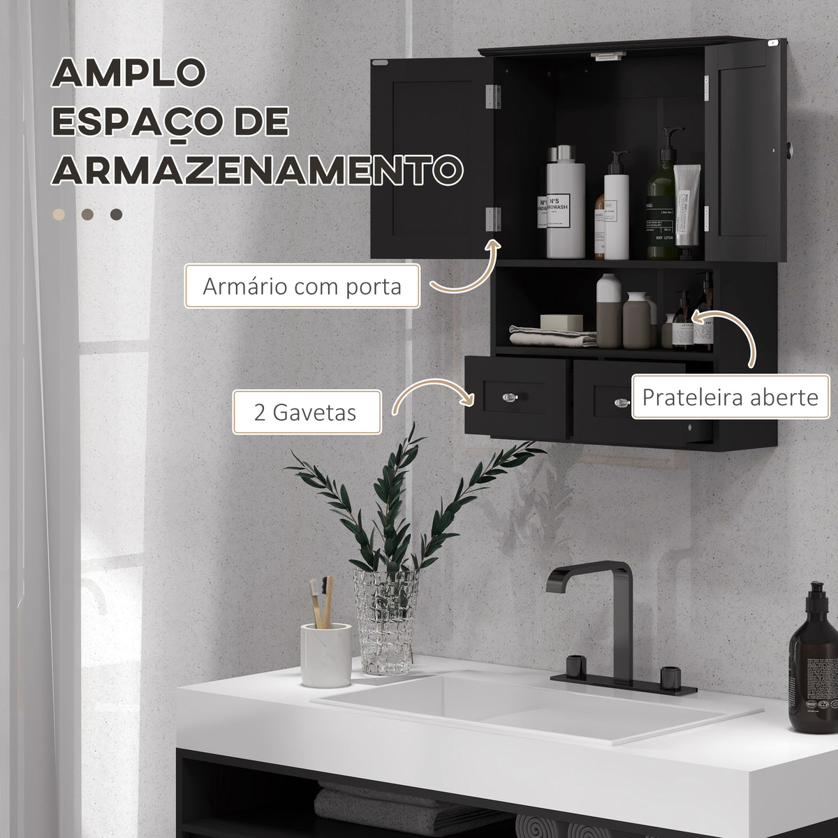 Armário de Parede para Casa de Banho Armário Suspenso de Casa de Banho com 2 Portas Prateleira Aberta e 2 Gavetas Estilo Moderno 50,8x17,8x66 cm Preto — foto 4
