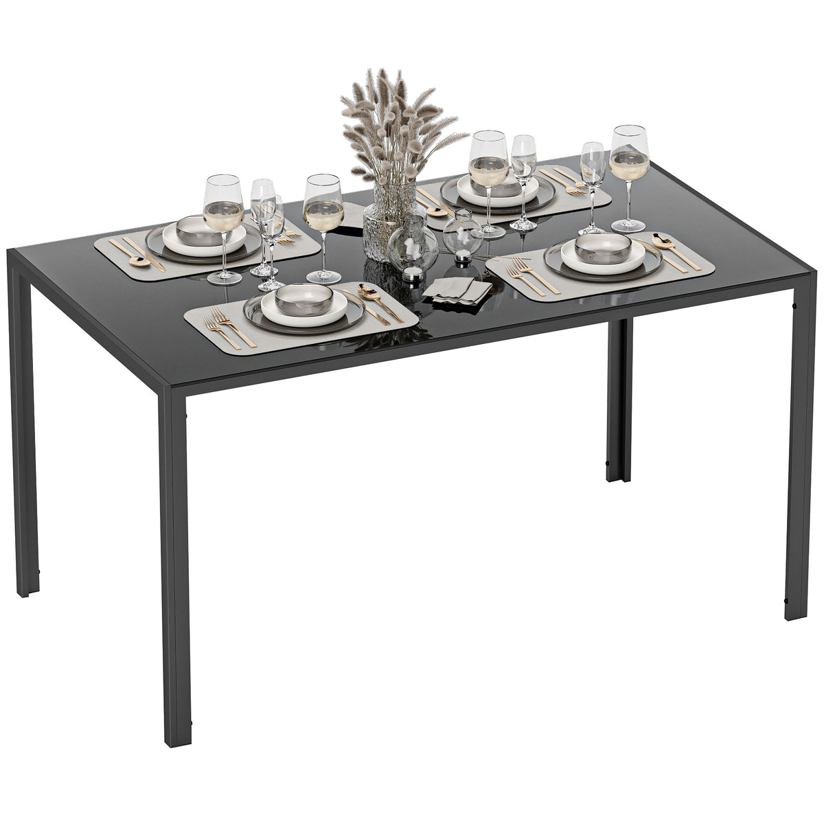 Mesa de Refeição de Vidro Mesa Retangular para 6 Pessoas com Pés de Metal Multifuncional para Cozinha ou Sala 140x80x75 cm Preto — foto 1
