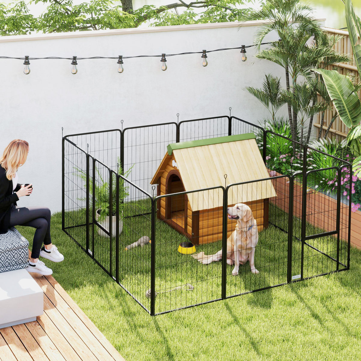 Parque para Cães de 12 Painéis 68x100 cm Parque Dobrável para Cães Médios com Portas Fecho e Estacas para Interior e Exterior Preto — foto 2
