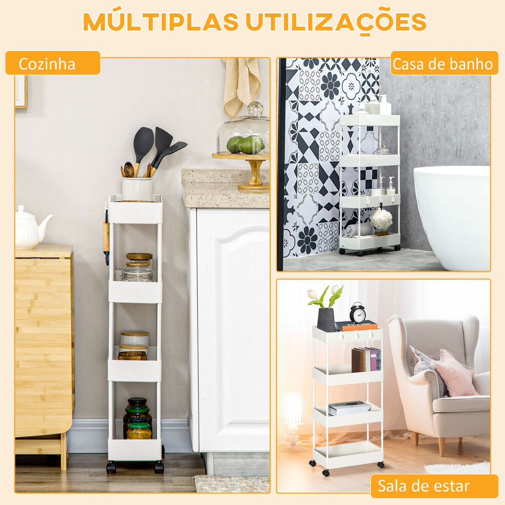 Carrinho Auxiliar com Rodas Carrinho de Armazenamento com 4 Cestas e 4 Ganchos Amovíveis para Cozinha Casa de Banho Sala de Estar 40x19x90 cm Branco — foto 6